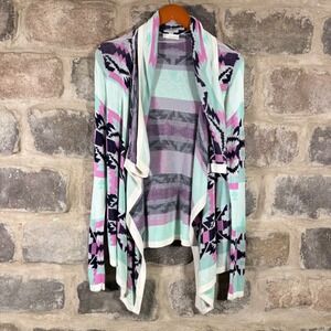 So Perla Women's Geometric Tribal Open Front Draped Cardigan Mint Magenta Medium